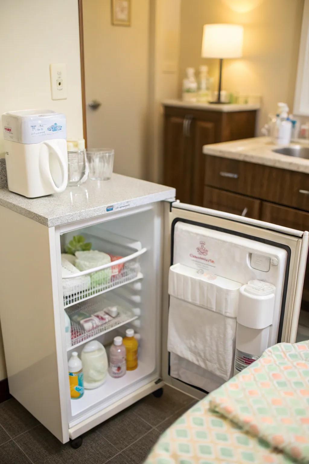 A mini fridge and wash basin for convenient nursing care.