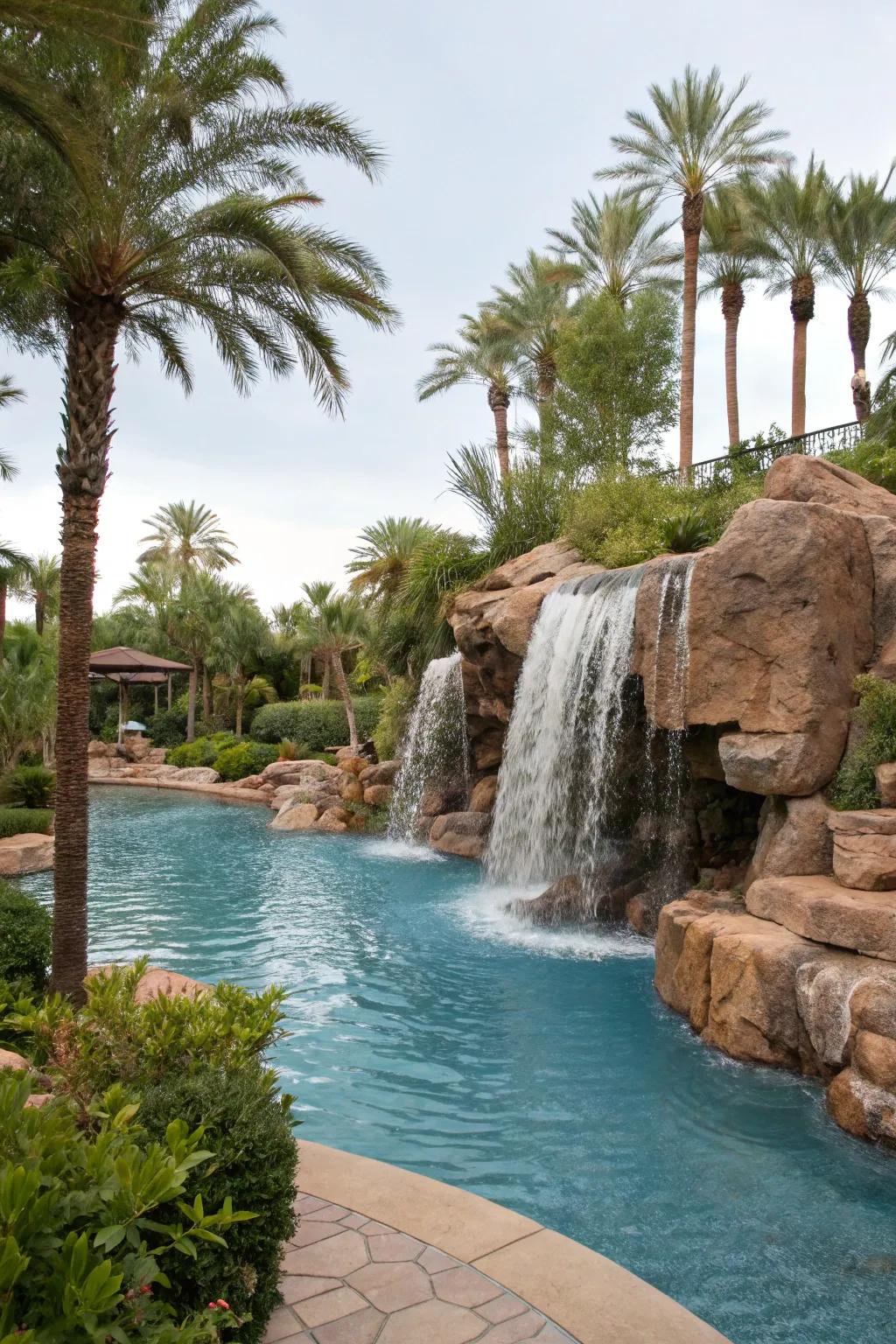 Cascades imbue motion and serenity to lagoon pools.