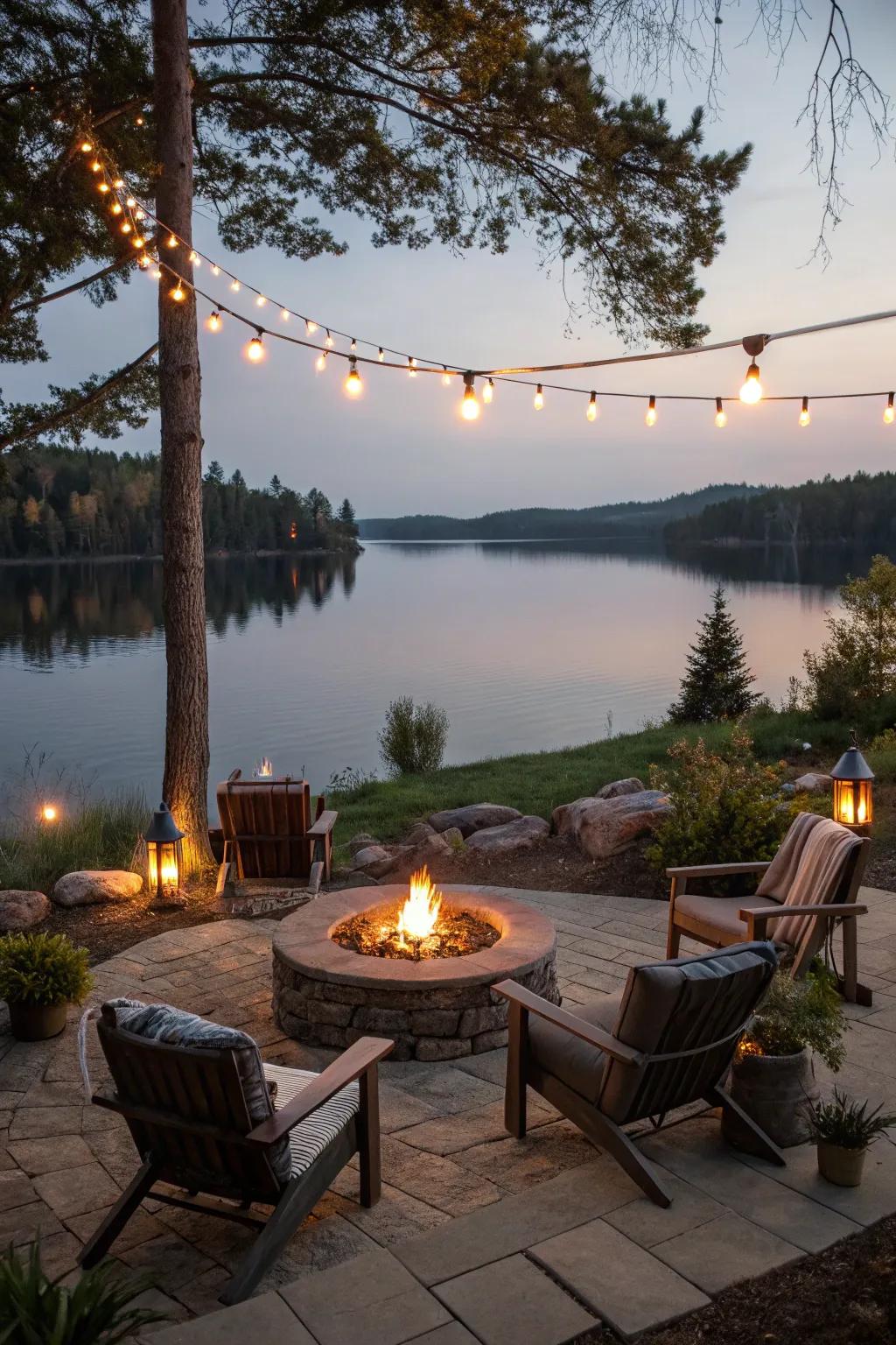 Hanging lights create a warm and inviting vibe around your fire pit.