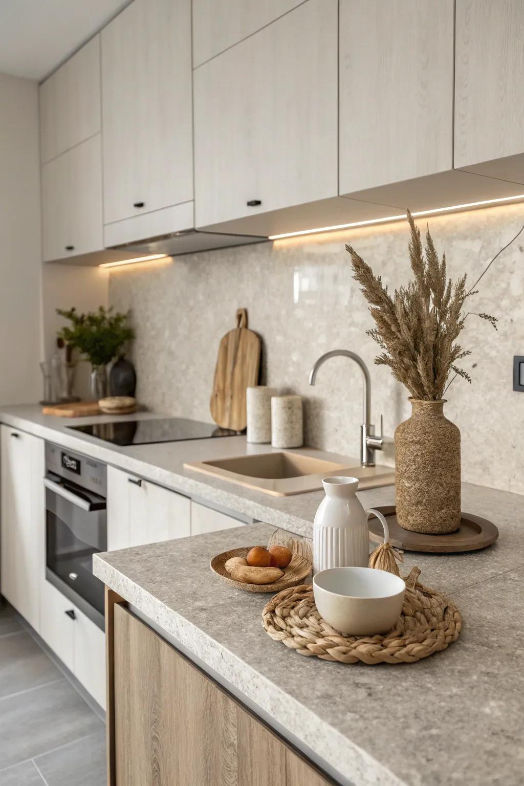 Rock-textured composites provide a subtle yet elegant kitchen surface.