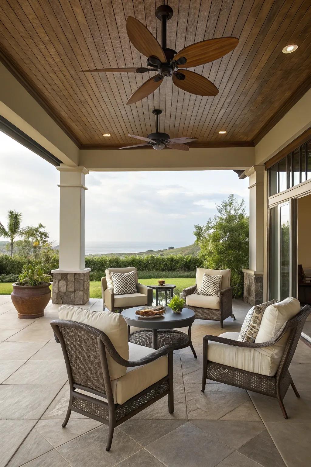 A ceiling fan enhances the lanai’s comfort and style.