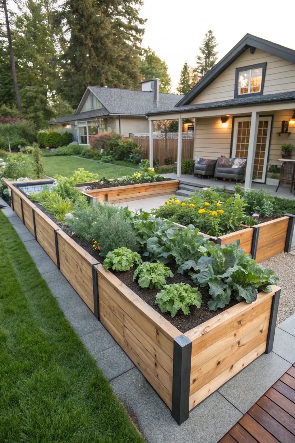 Wooden plank edging includes a modern touch to any garden area.