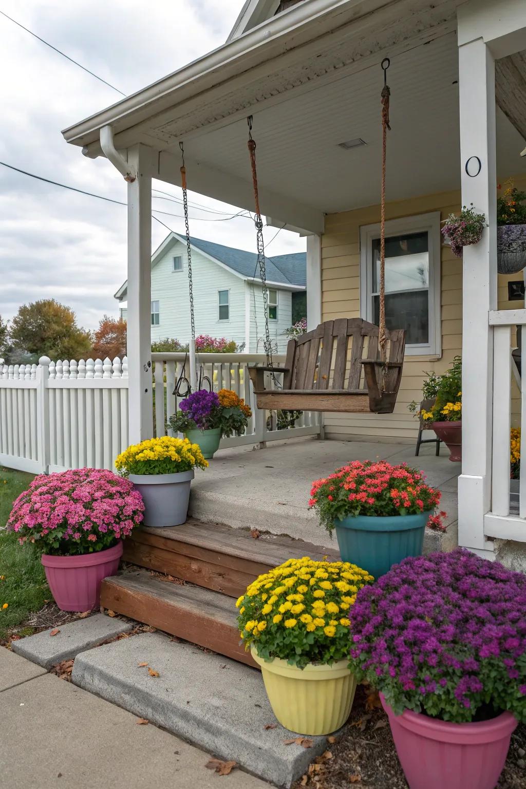 Planters on the porch extend a gracious welcome with seasonal blossoms.