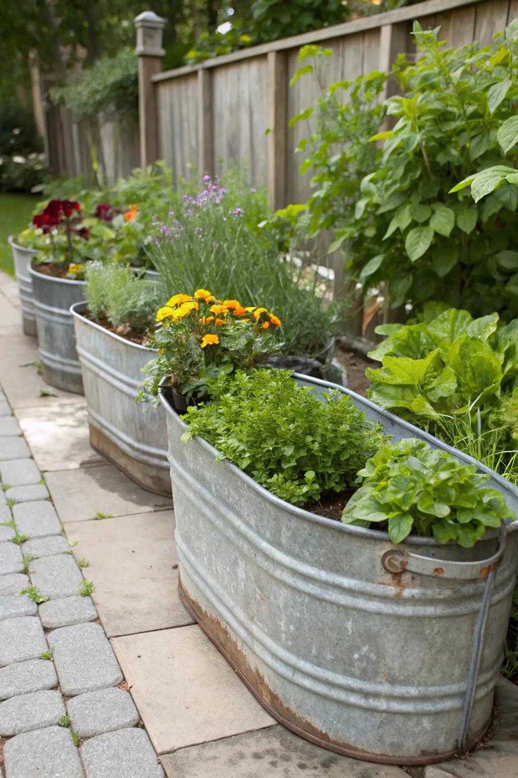 Metallic water containers contribute rustic charm and practicality to your garden.