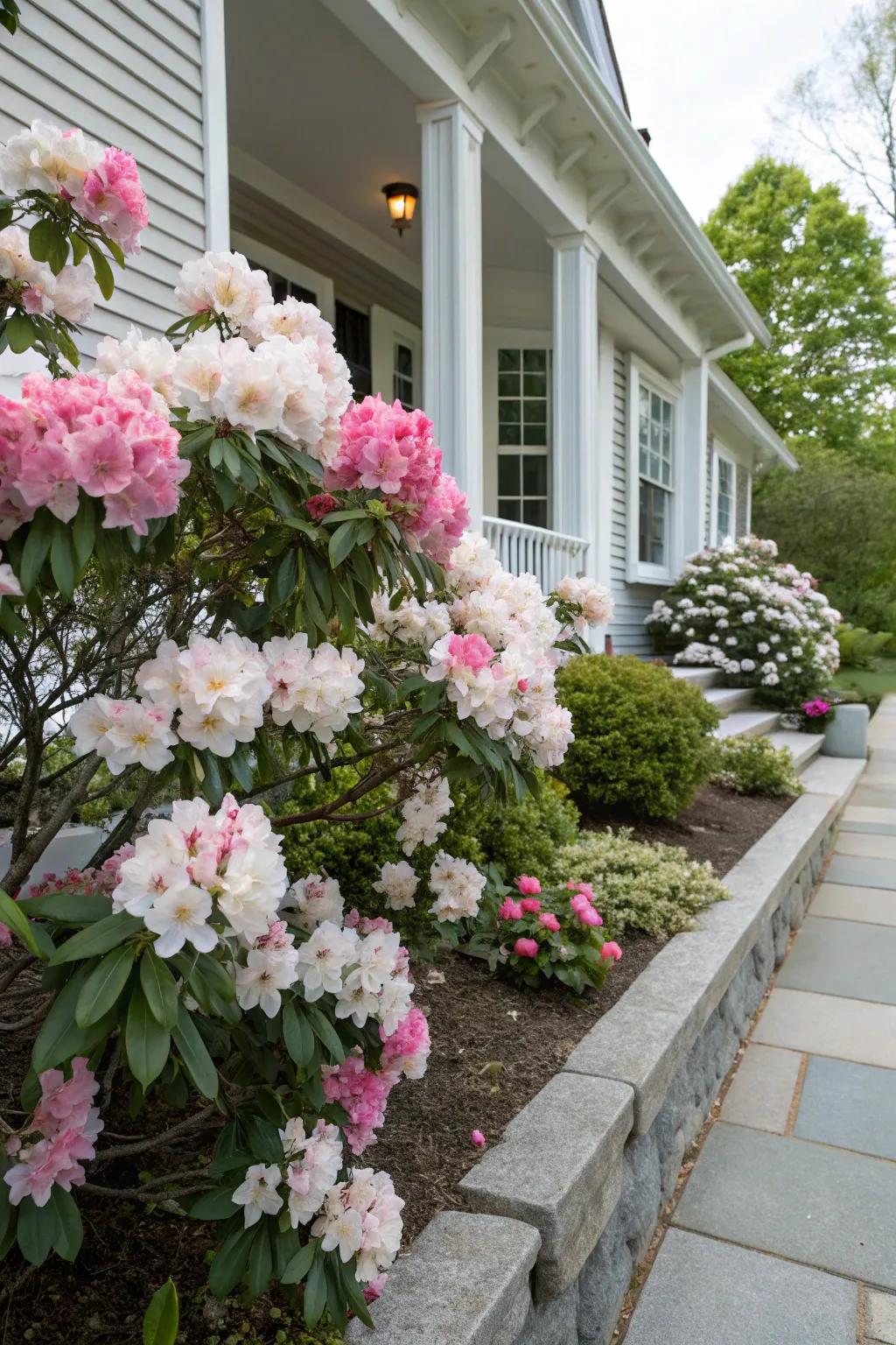 Rhododendrons enhancing the exterior appeal of a home’s foundation.
