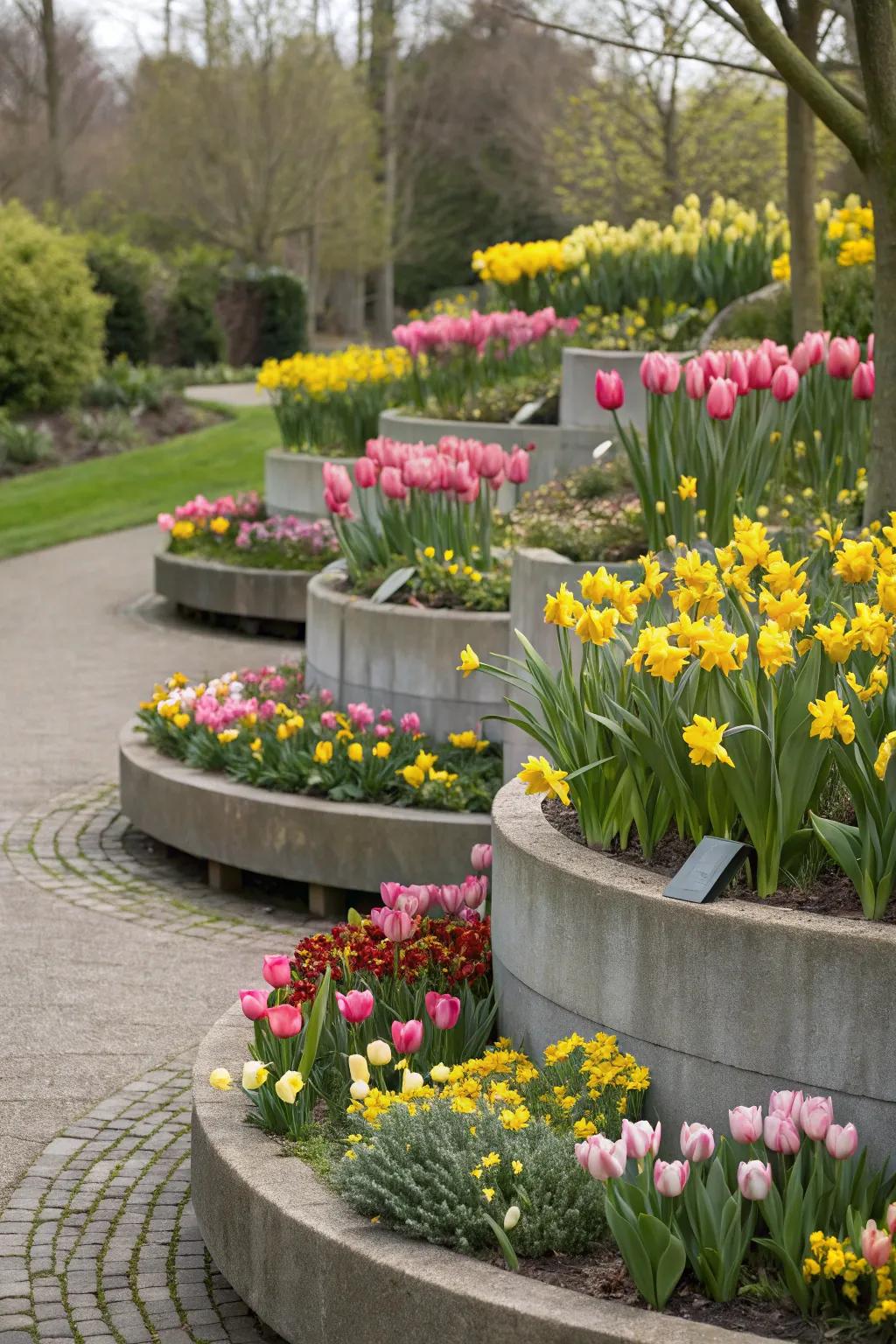 Tulips and daffodils in raised planters, crafting a prominent visual centerpiece.