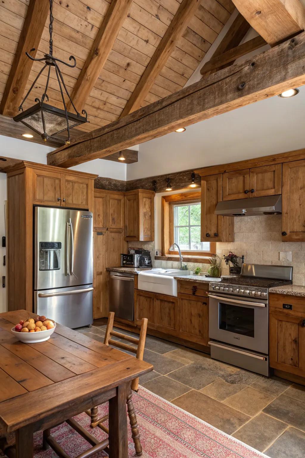 A rustic kitchen featuring modern stainless steel details.