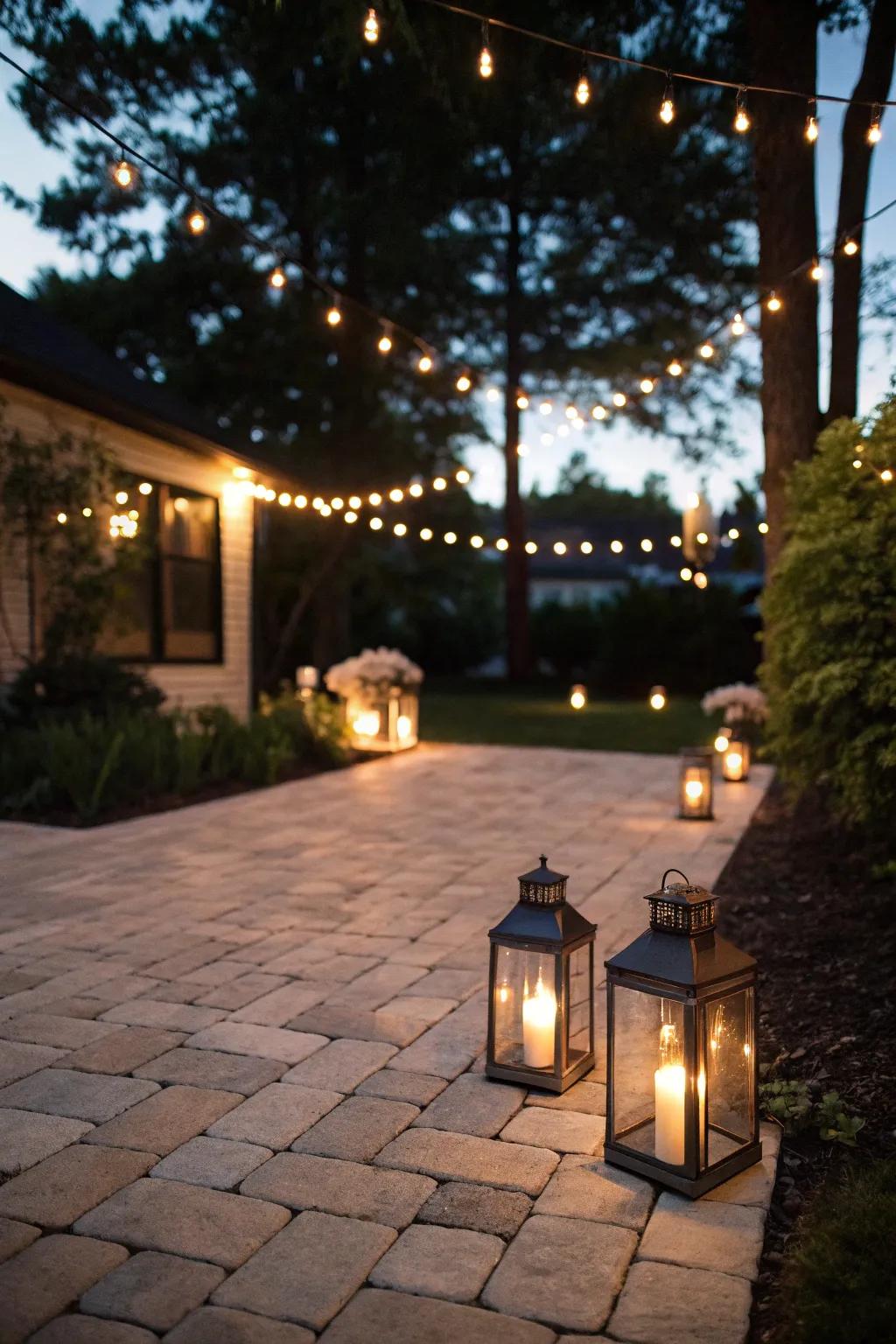 Ambient lighting elevates the nighttime atmosphere of this paver patio.