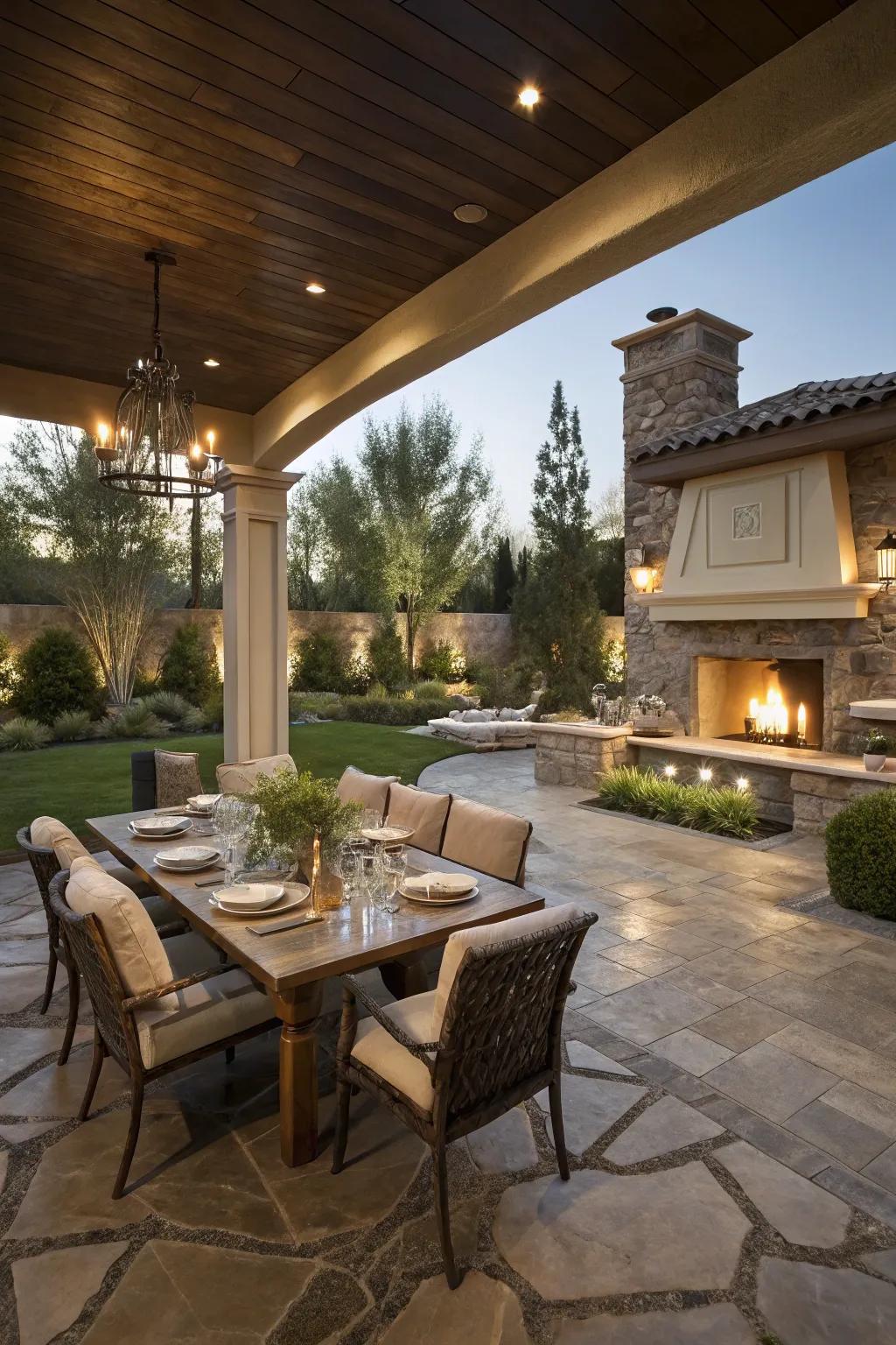 Refined terrace dining space featuring stone pavers in a Las Vegas backyard.