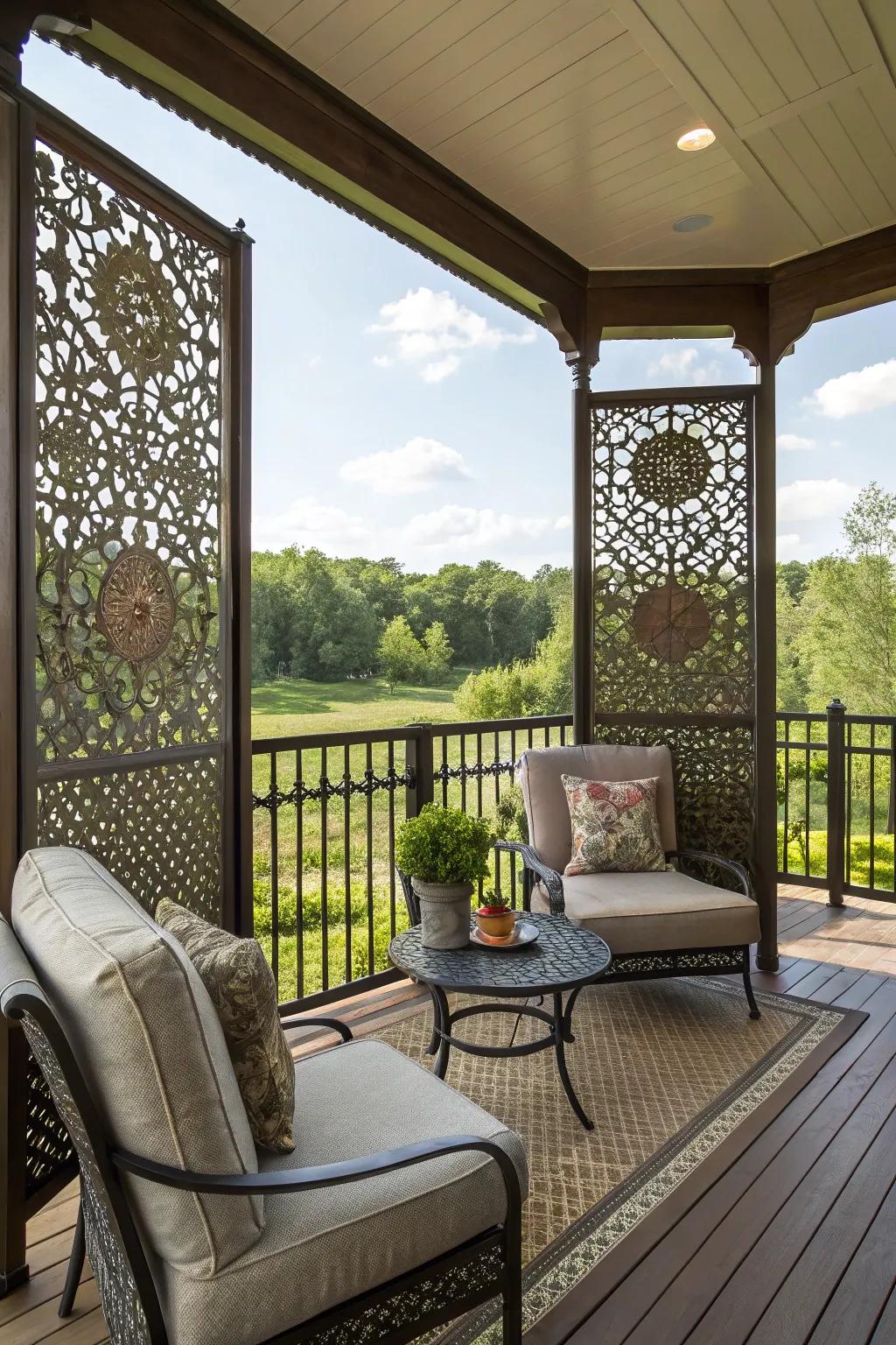 Intricate ornamental screens give an artistic touch to this welcoming deck area.