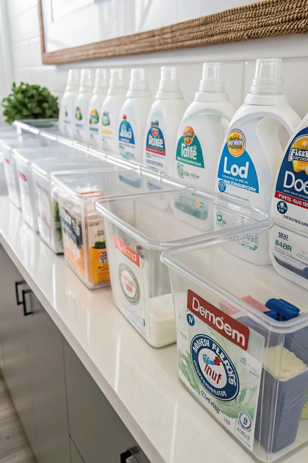 Clear bins with labels make it easy to see what's inside and keep things looking neat.