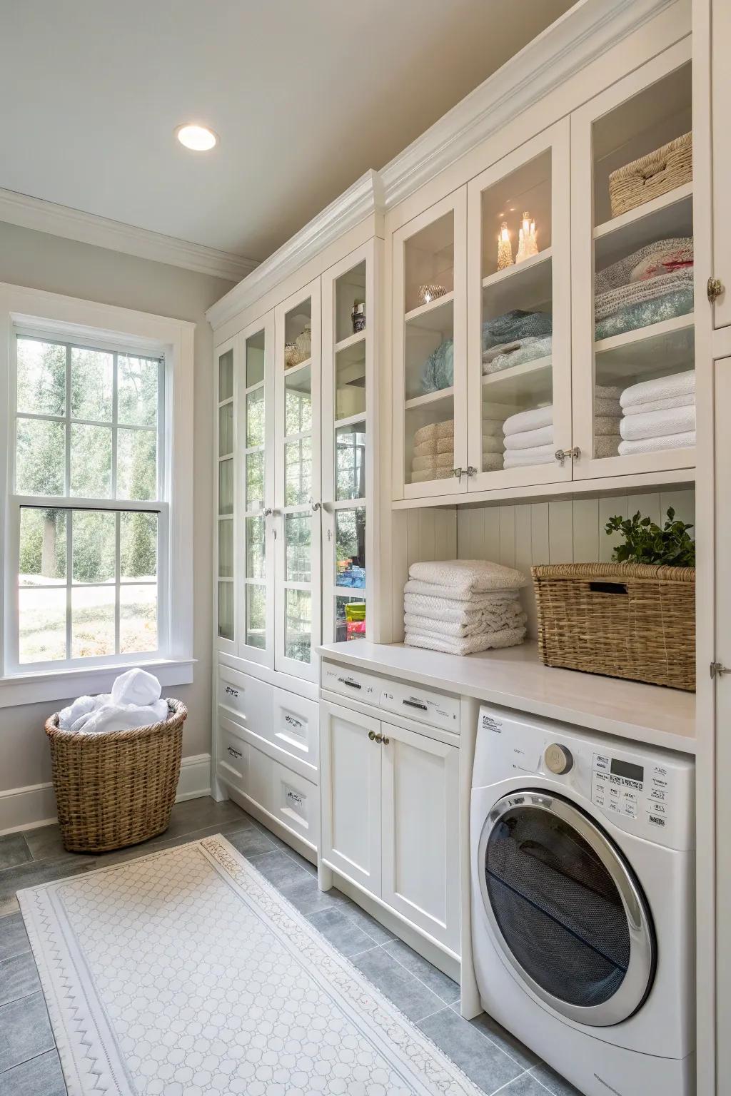 Glass-fronted cabinets enhance light and visibility inside your laundry room.