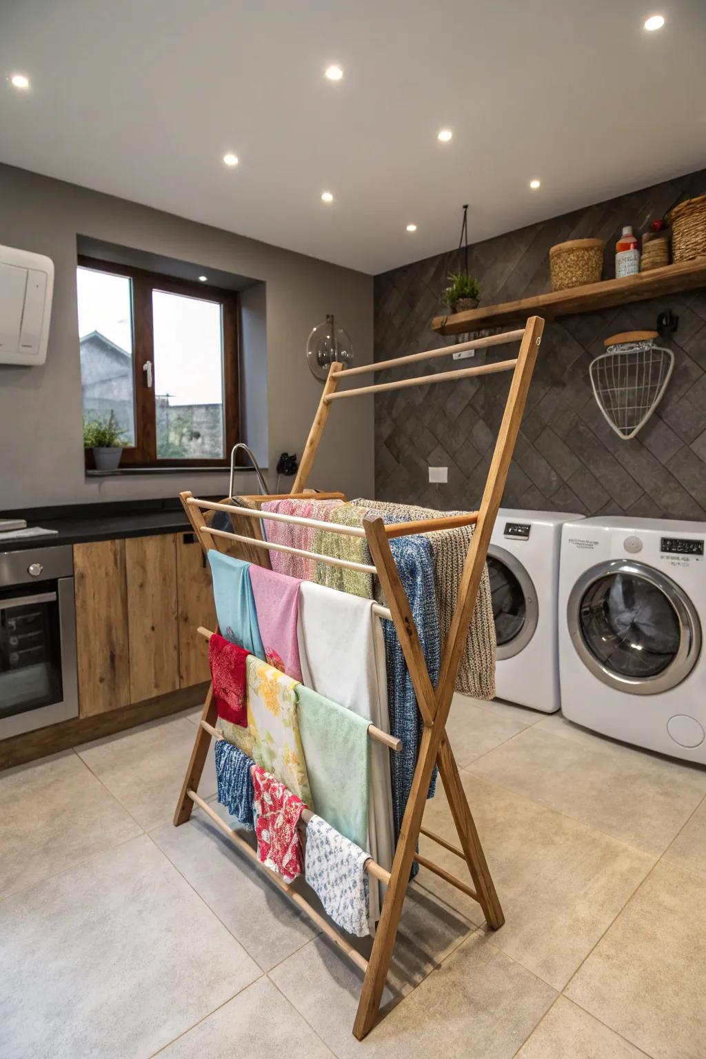A modern washing area is warmed up by a country-style wood drying shelf.