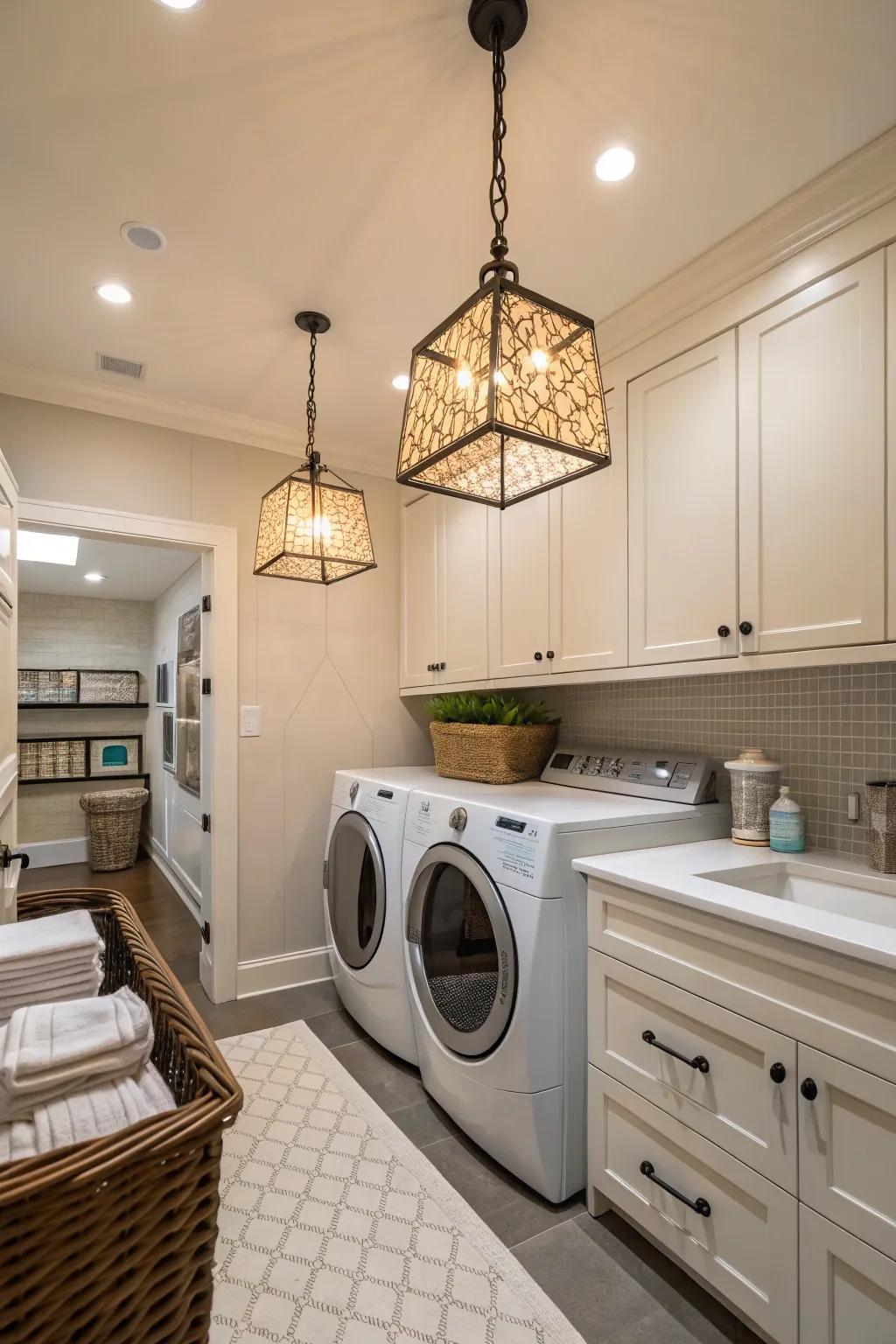 Good lighting enhances the ambiance of the laundry space.