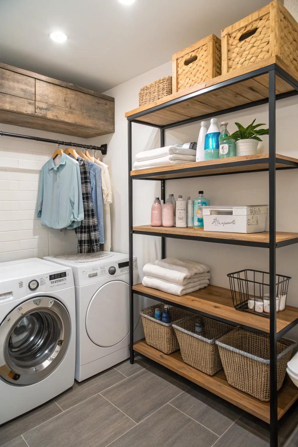 A blend of timber and metallic shelving crafts a distinctive look.