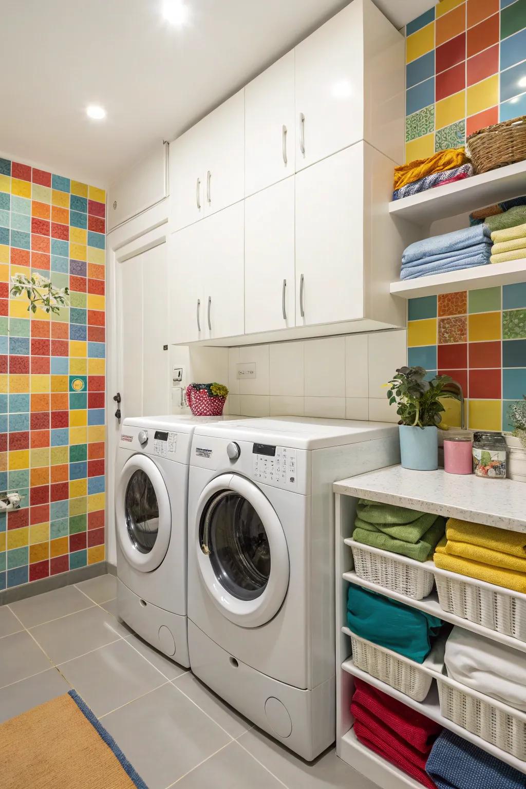 Enhance your laundry space through the inclusion of bold, eye-catching wall tiles.