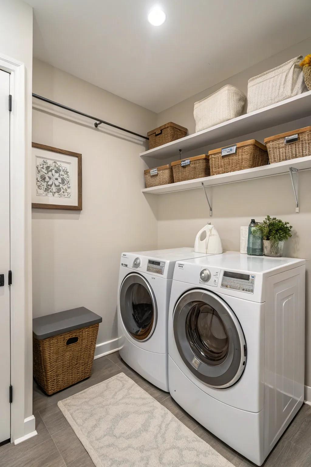 Neutral colors fashion a peaceful and welcoming laundry area.