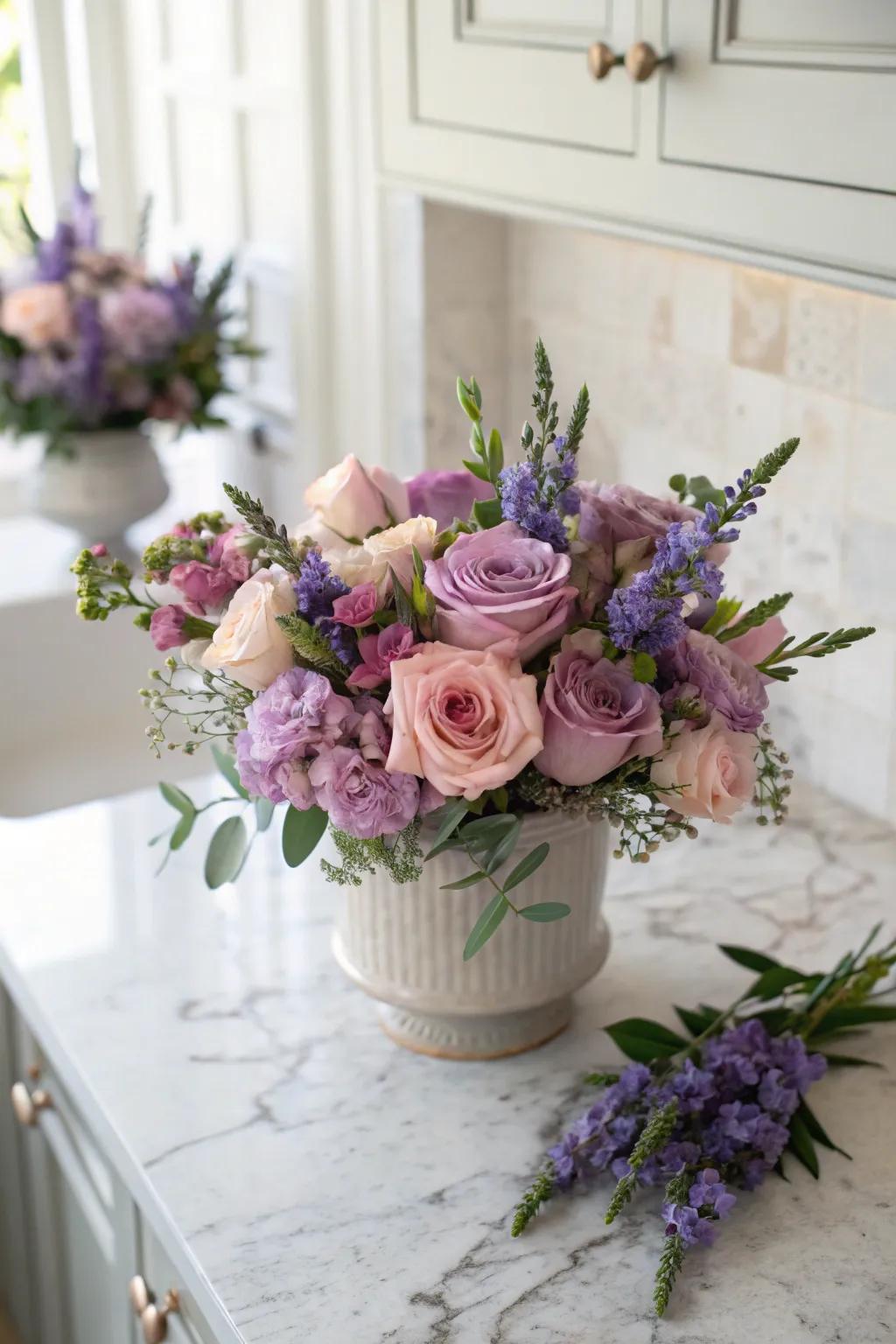 A romantic arrangement combining both lavender and roses.