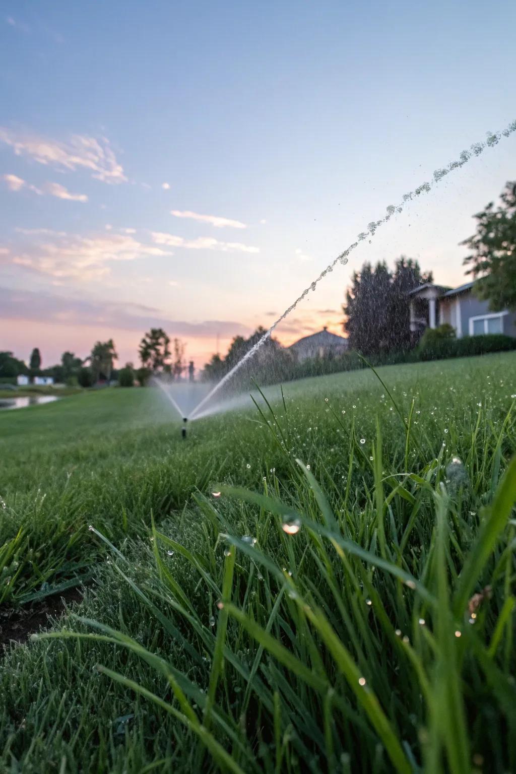 A well-irrigated lawn staying verdant and robust in the morning sunlight.