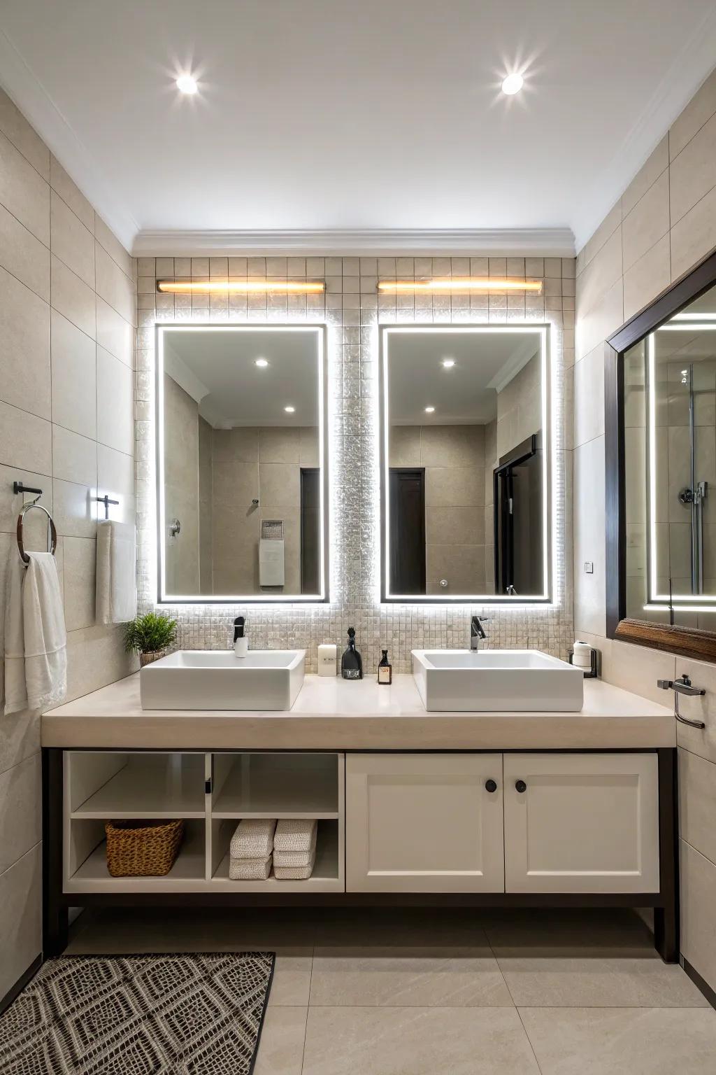 Twin illuminated mirrors offer symmetry and practicality in a shared bathroom setting.