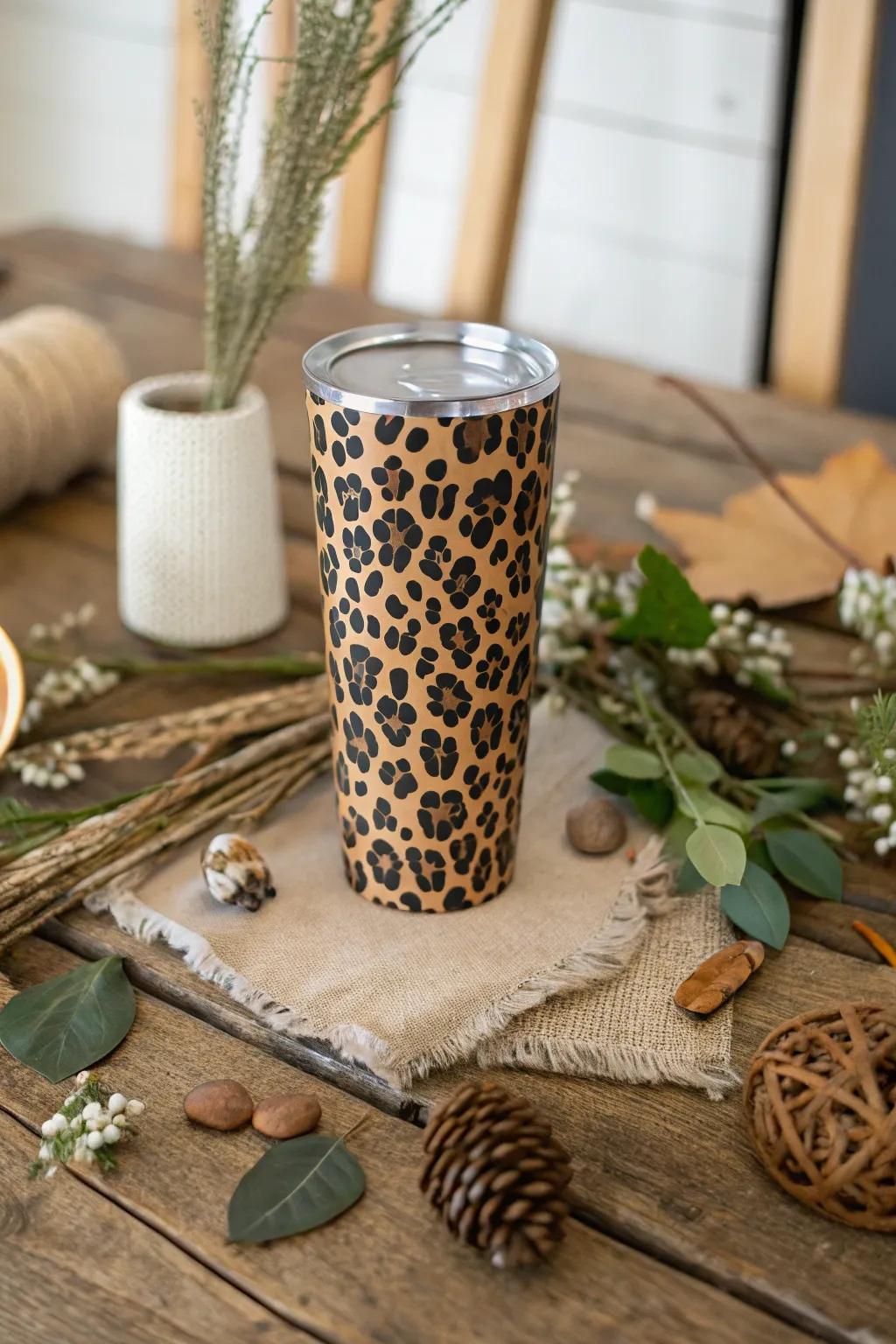 Embrace down-to-earth sophistication utilizing a wildcat motif tumbler within an organic milieu.