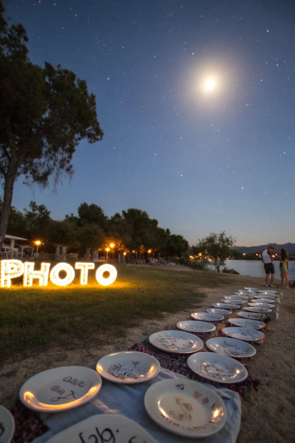 An outdoor ritual conducted under the full moon, with plates inscribed with personal messages.