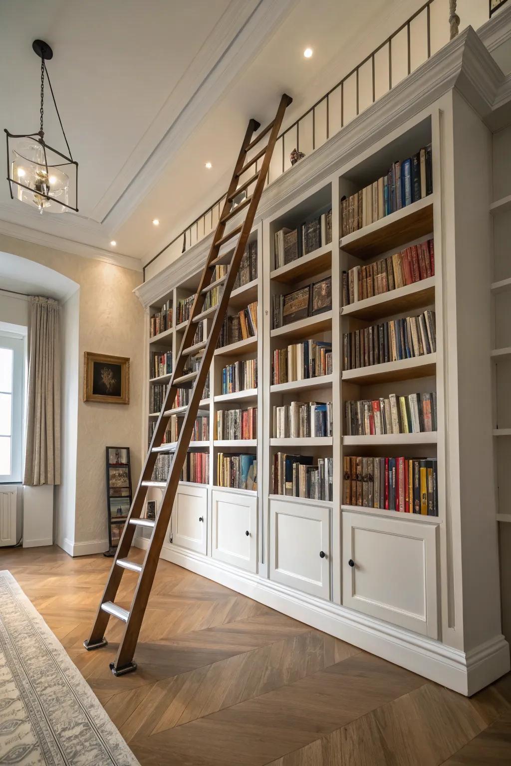A charming library ladder provides access to upper shelves.