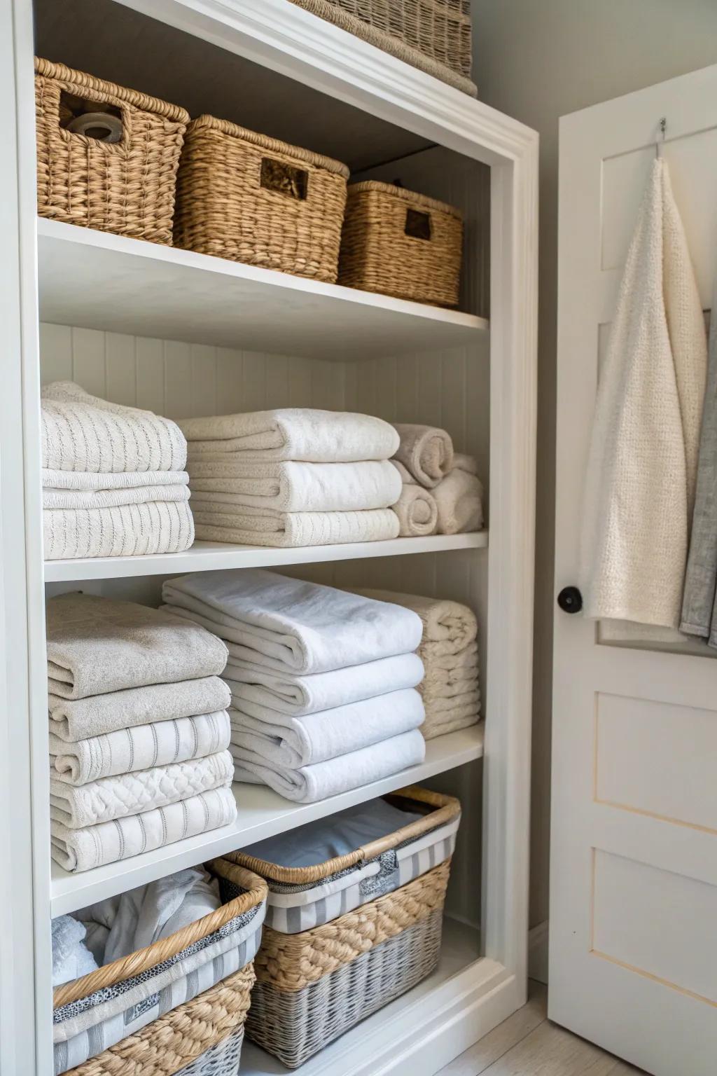 Matching baskets create a unified and tidy look in a linen closet.