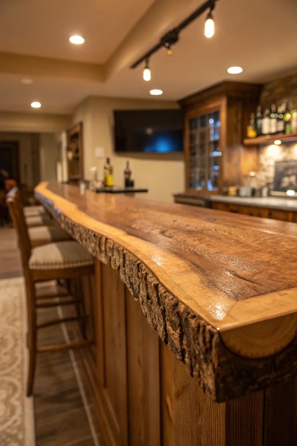 A warm-toned natural-edge bar that introduces a snug feel to any home setting.