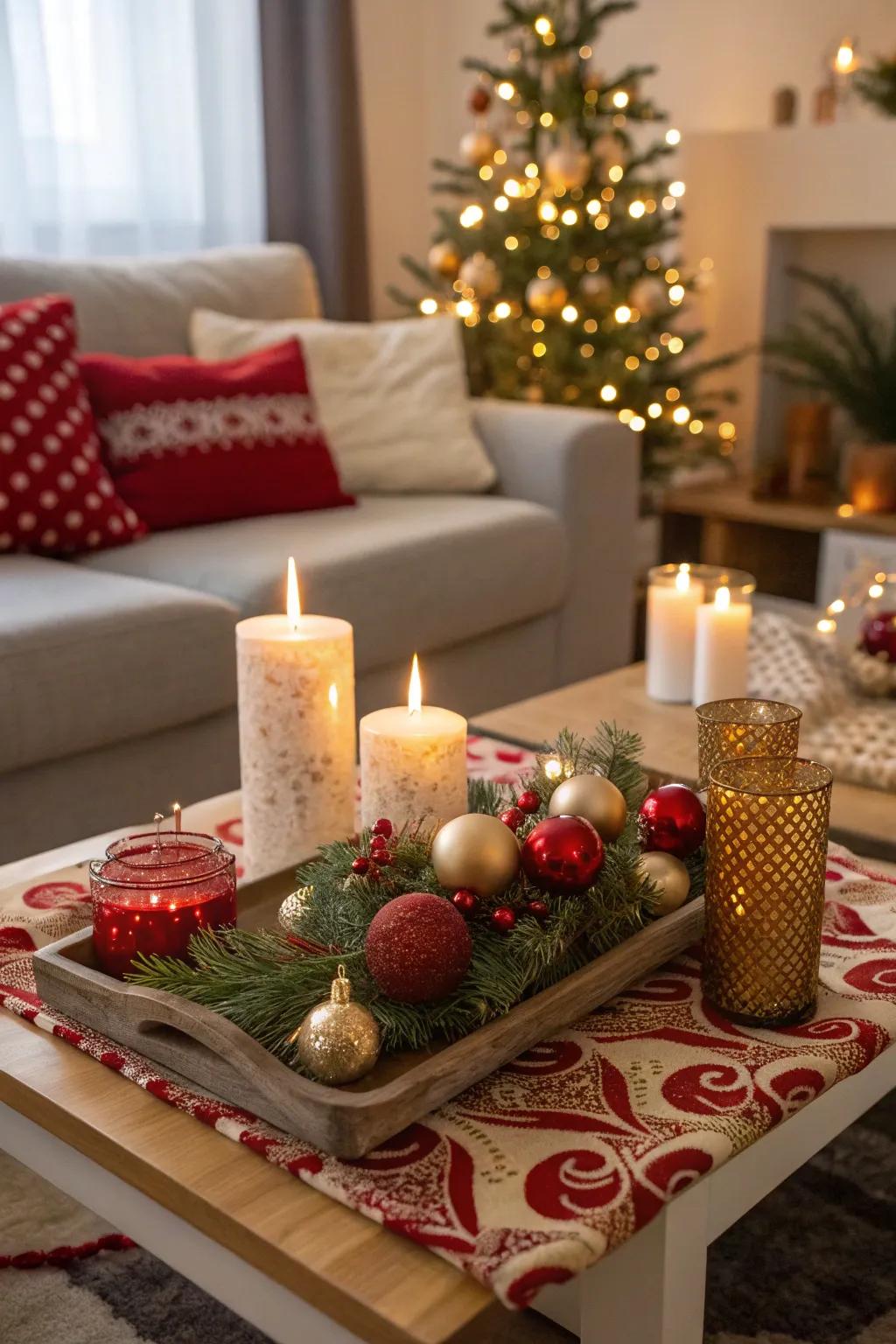 A celebratory table display introduces a dash of holiday happiness to your living area.