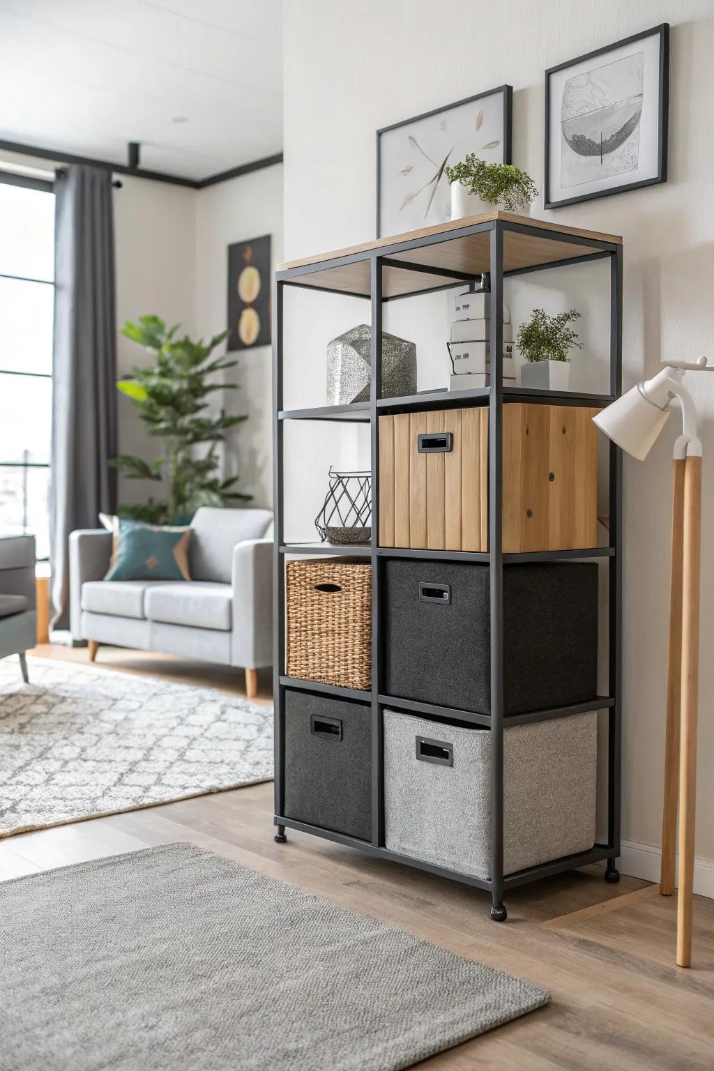 A mix of materials in cube storage enriches the room with layered texture and sophistication.