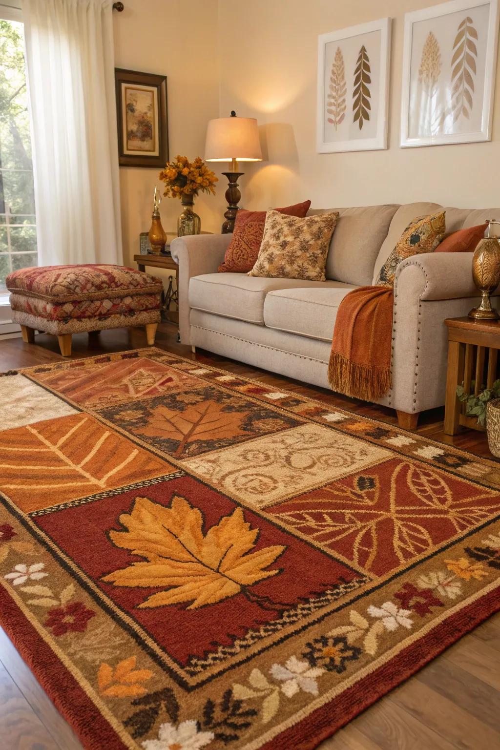 Layered floor coverings introduce texture and warmth, enhancing this autumn-themed living room.