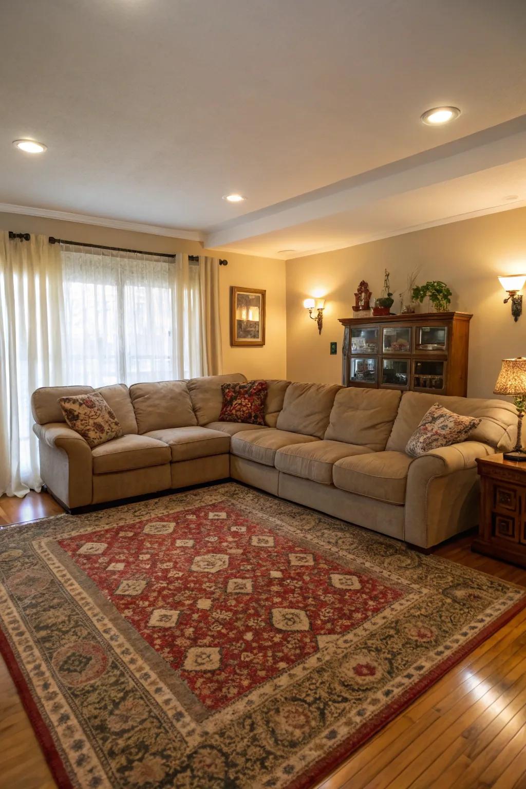 A rug anchors the sectional, enhancing warmth and elegance.