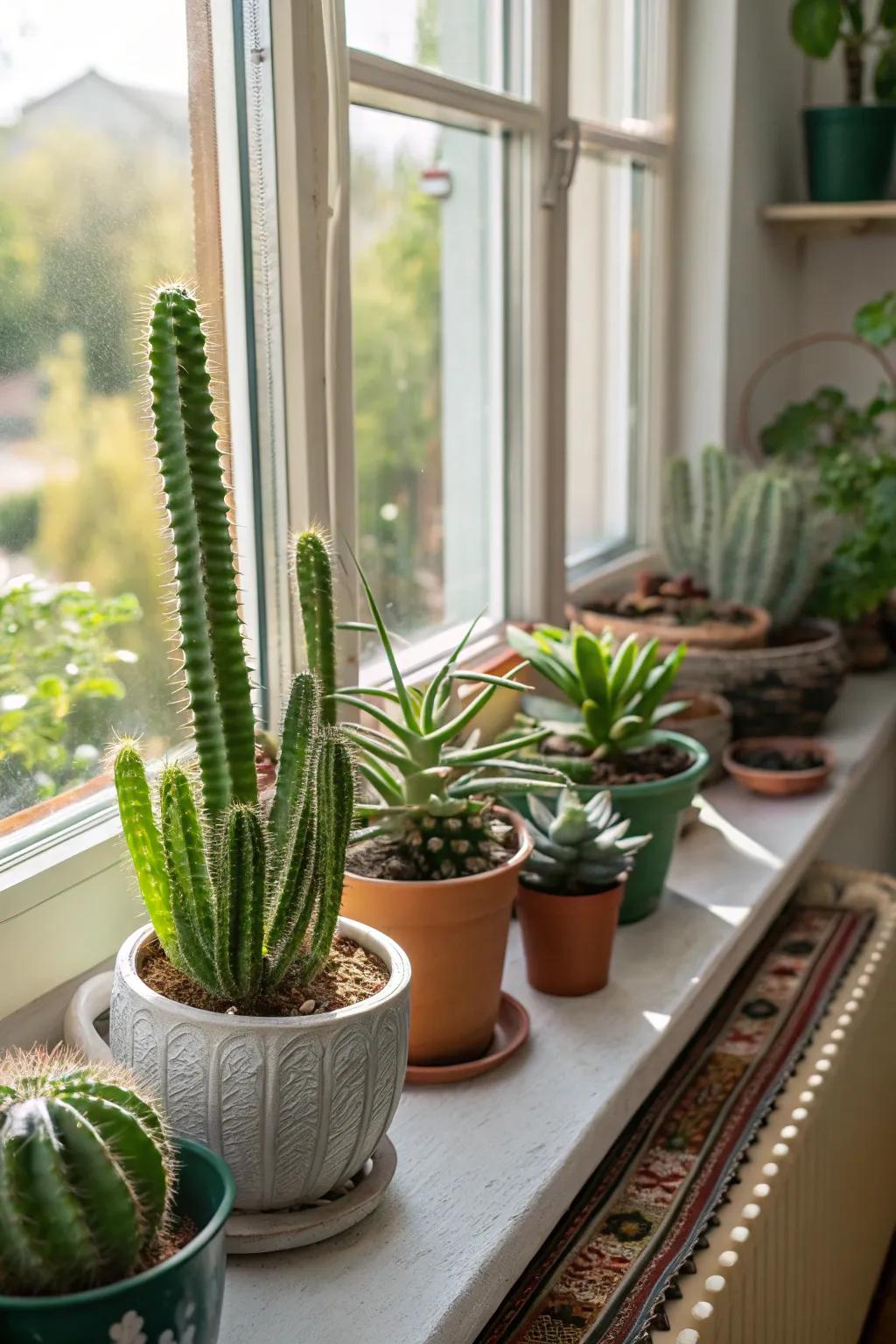 Sun-cherishing flora flourishes upon a window ledge.
