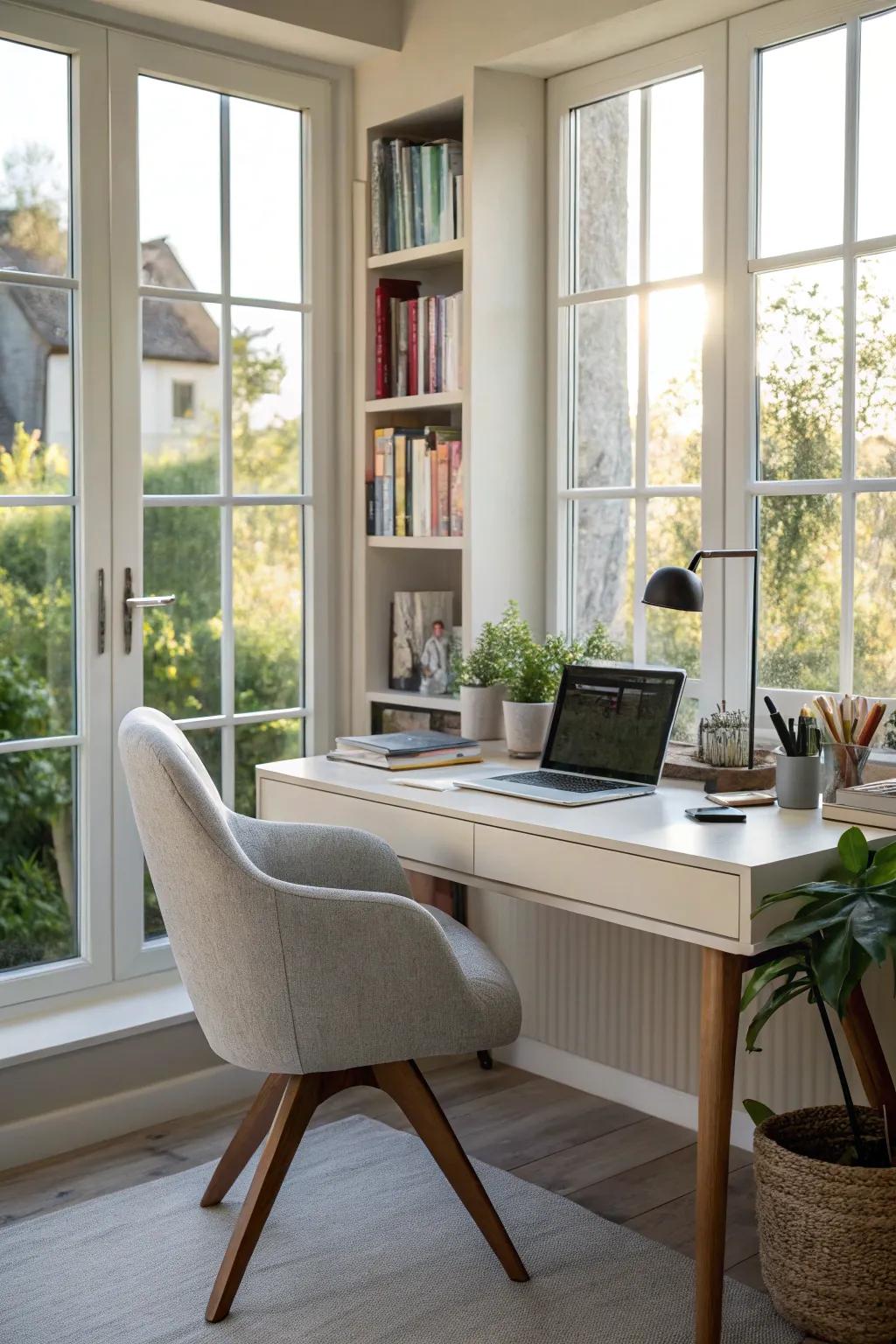 Natural light and views enhance this window-side workspace.