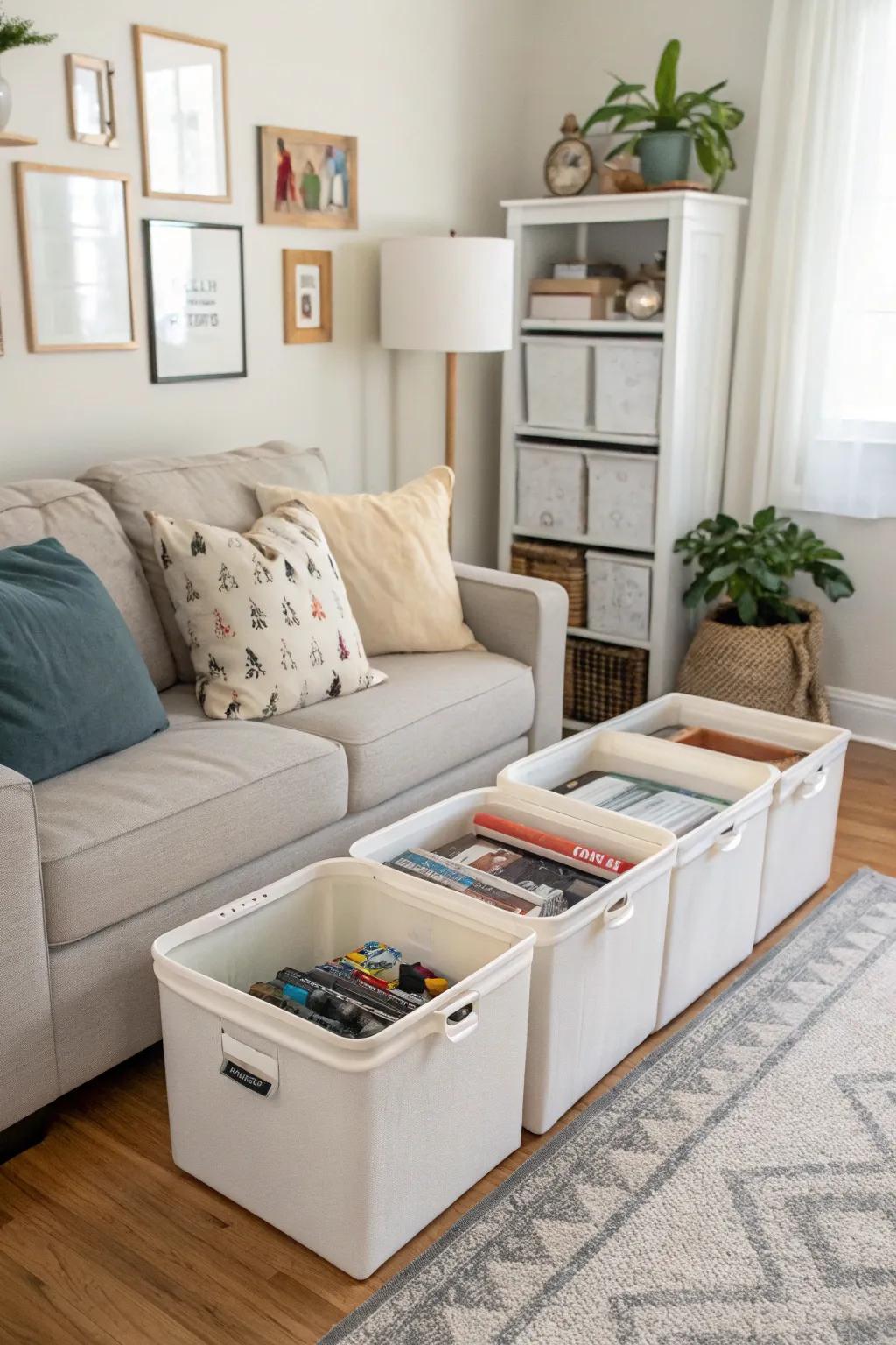 Under-furniture stowage bins keep toys out of sight.