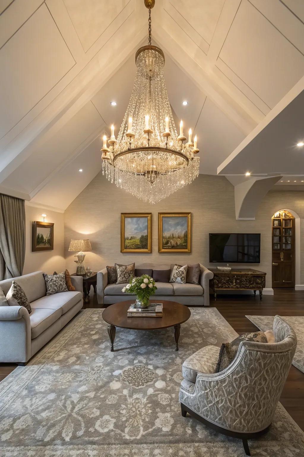 An opulent chandelier adds a touch of extravagance to a vaulted ceiling.