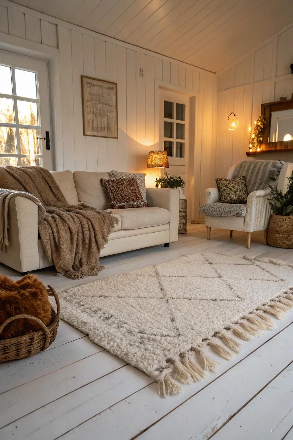 Soft textures contribute warmth and comfort to a room featuring white wood floors.