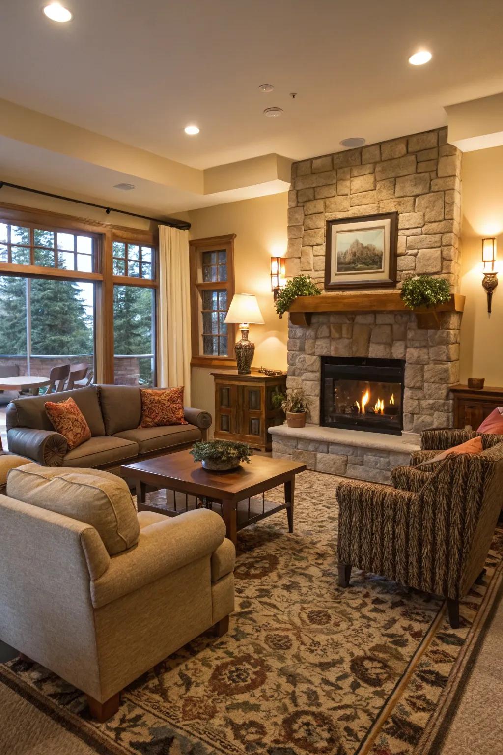 A carefully considered living space where furniture arrangement emphasizes the central fireside, promoting interaction.