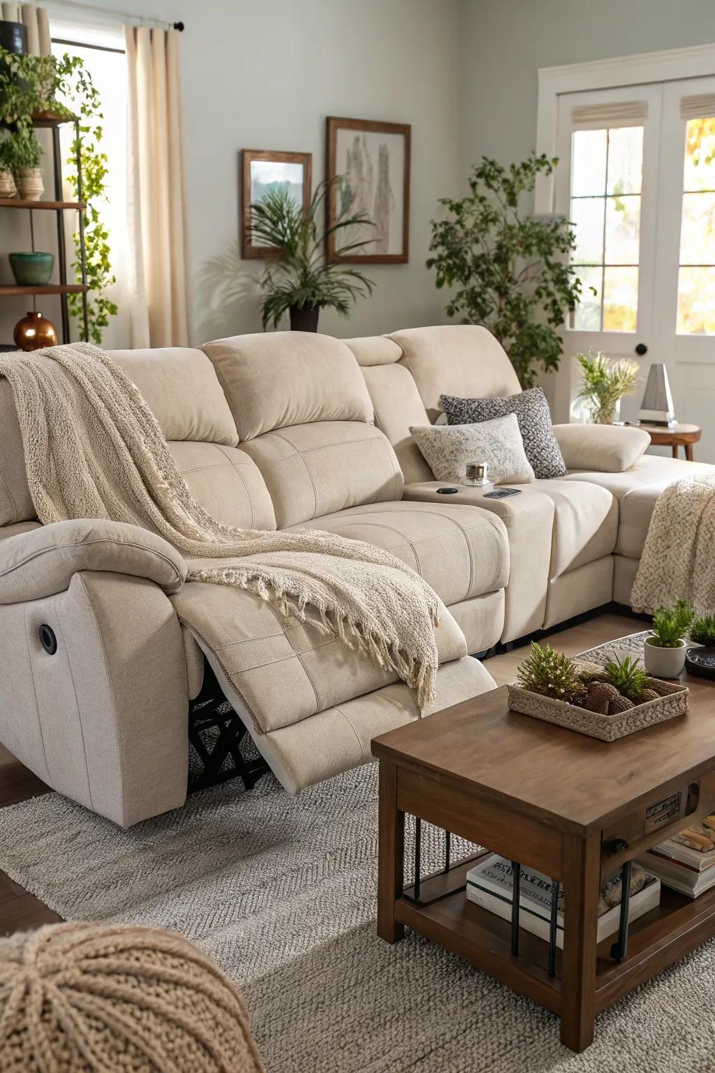 A smooth integration of comfort by blending a recliner with a sectional sofa.