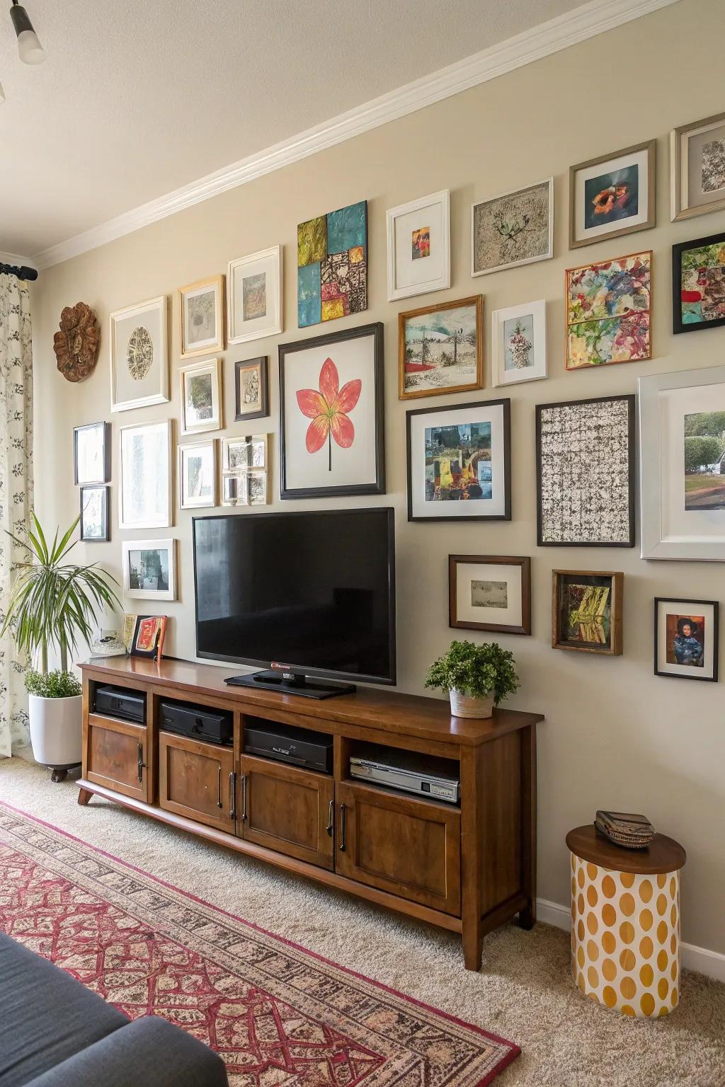 A gallery display adds personality to the TV setting.
