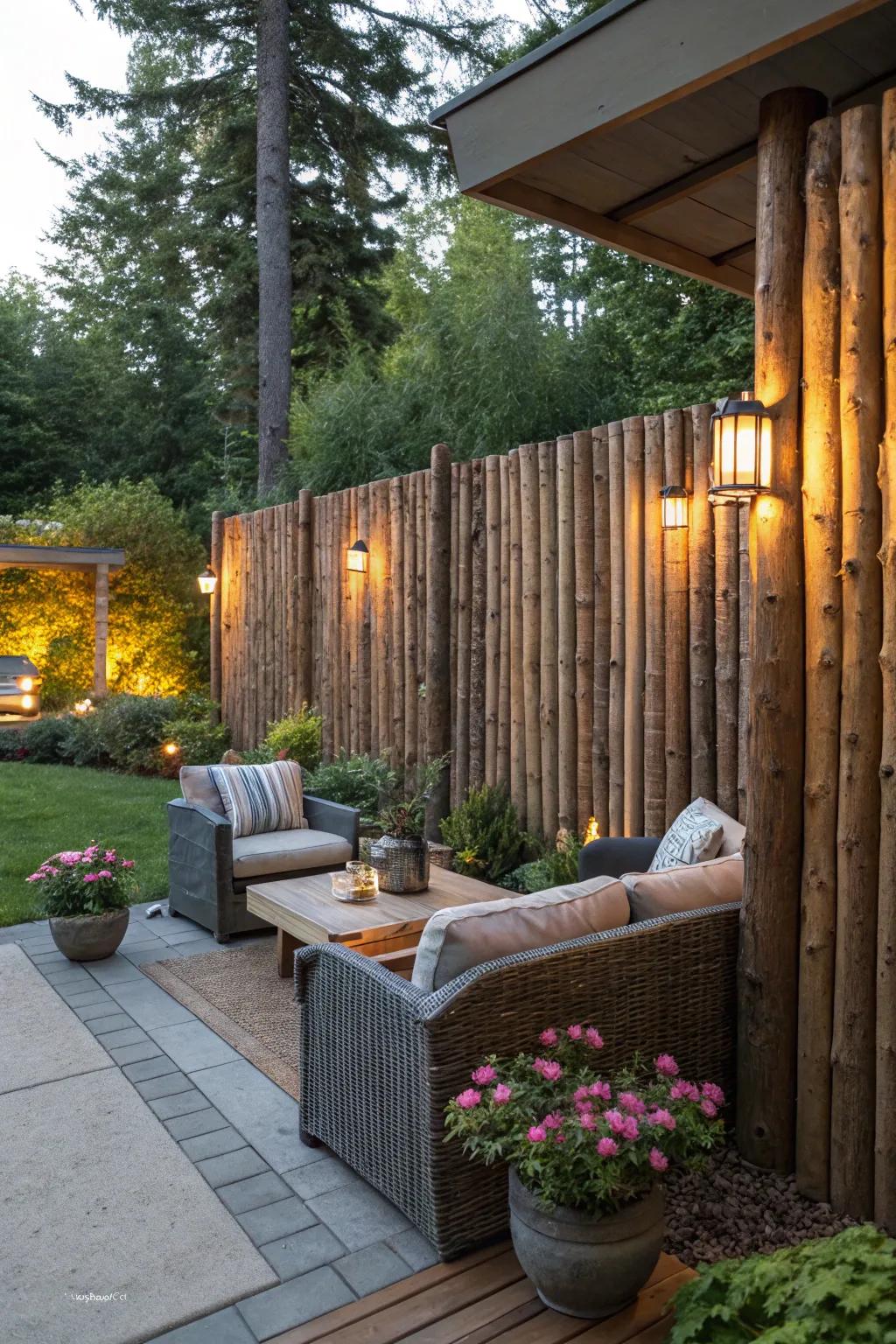 Fashion a secluded retreat with a log privacy screen.