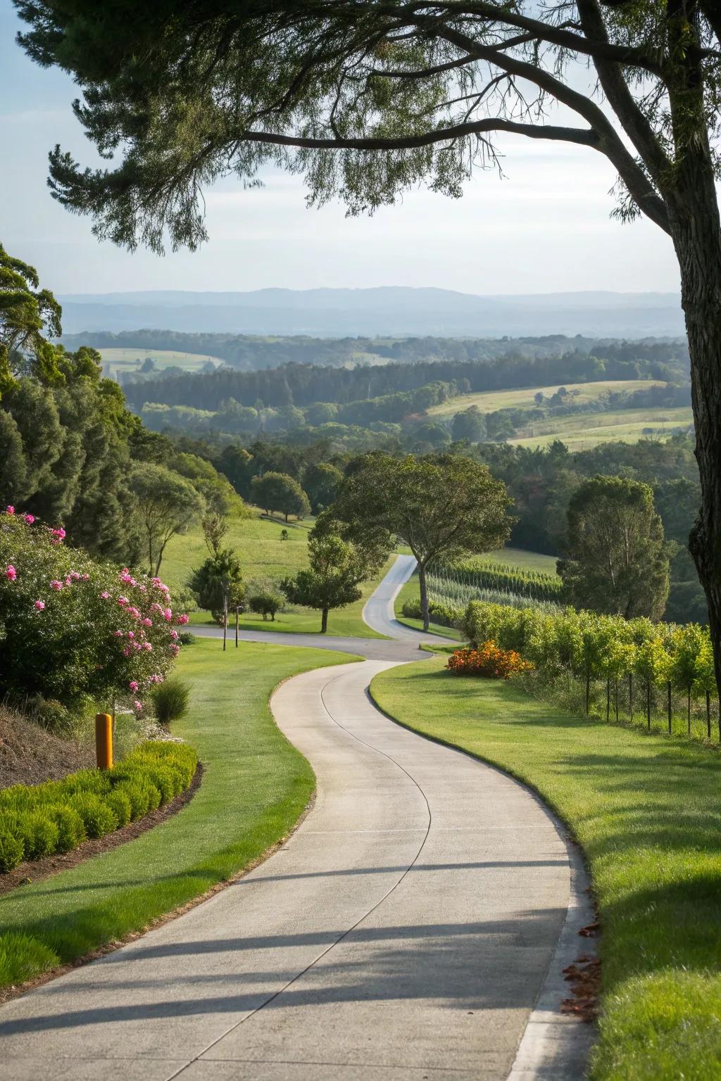 A curved driveway entices with its elegant, winding path.