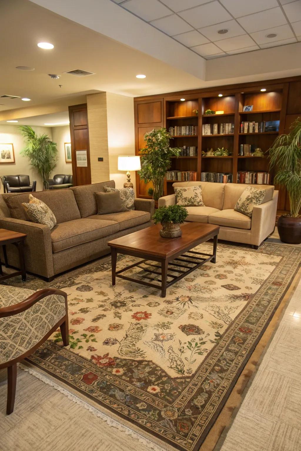 Floor coverings adeptly define and anchor seating areas.