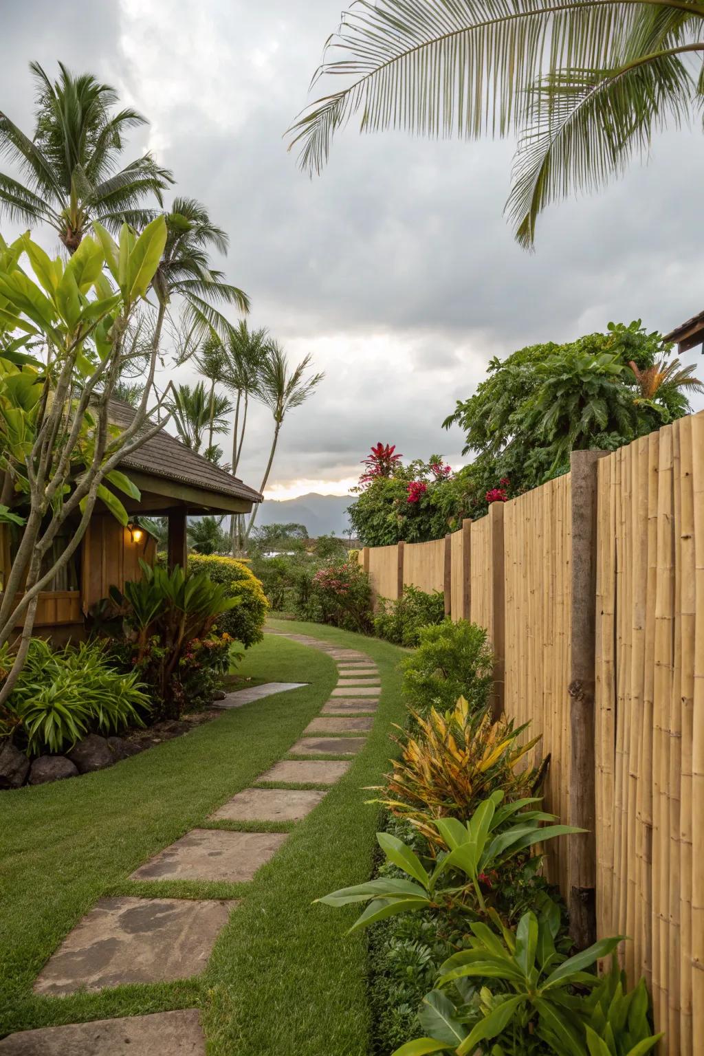 An eco-conscious bamboo fence enhances the tropical sensation of this front garden.
