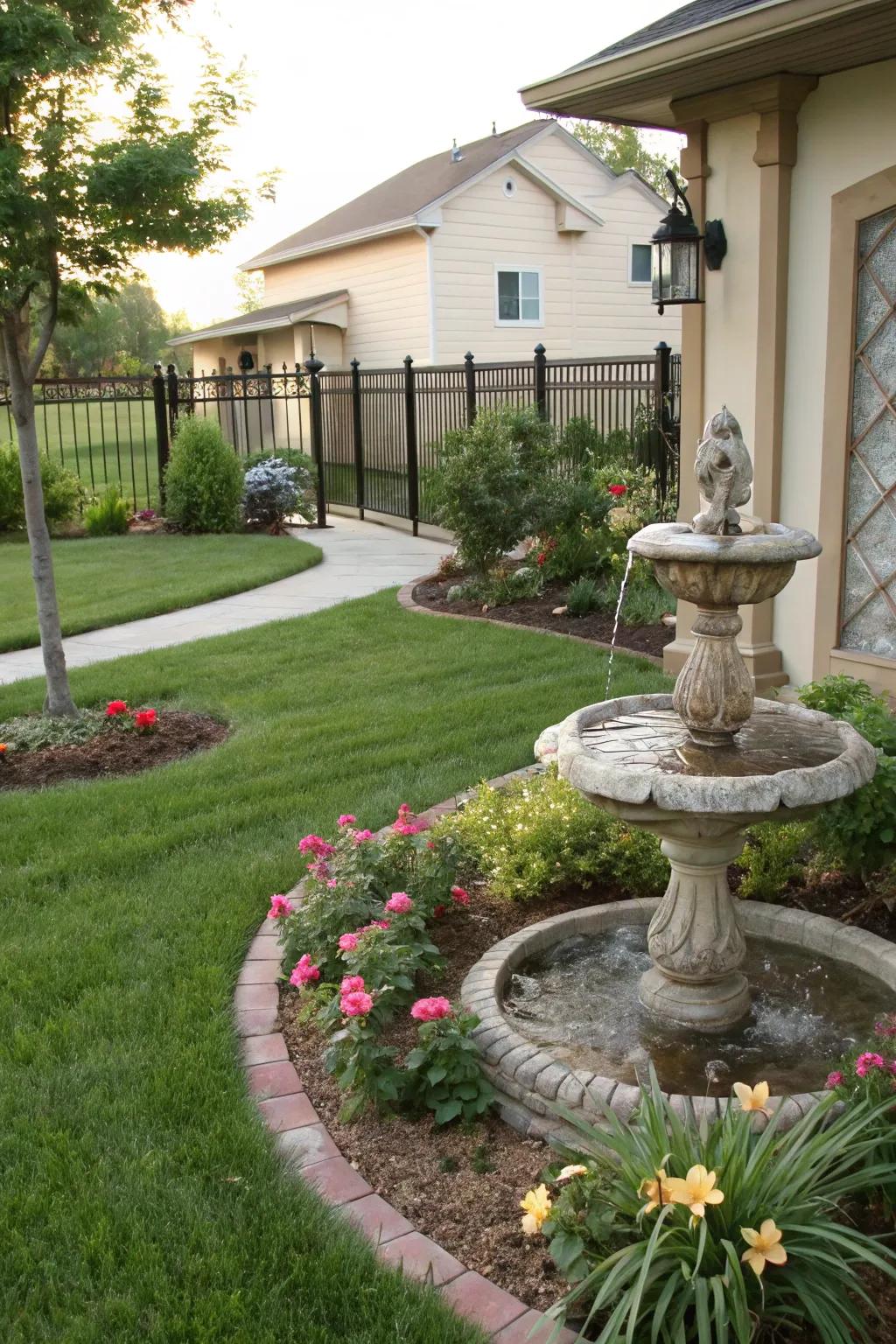 Decorative elements enhance the visual appeal of a front yard.