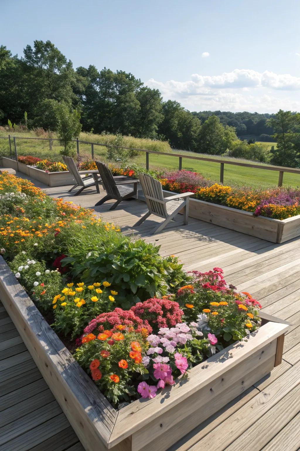 Elevated planting spaces brimming with vibrant flowers surrounding a deck.