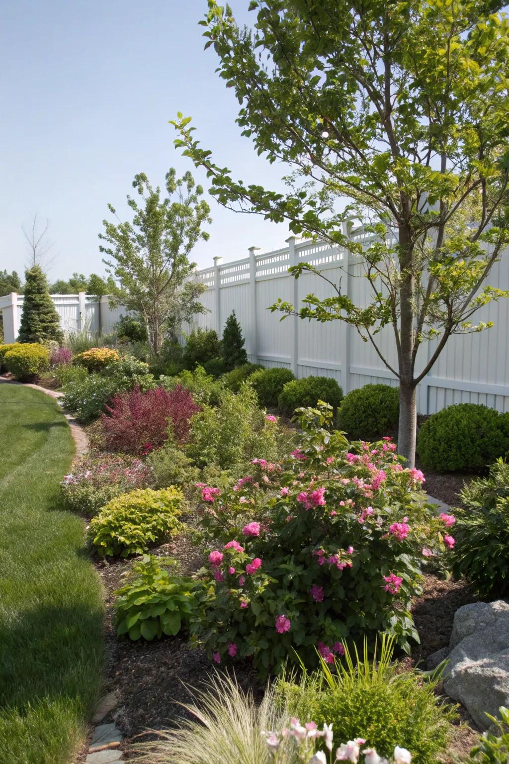 Shrubbery and saplings bring structure to a perennial-filled garden.