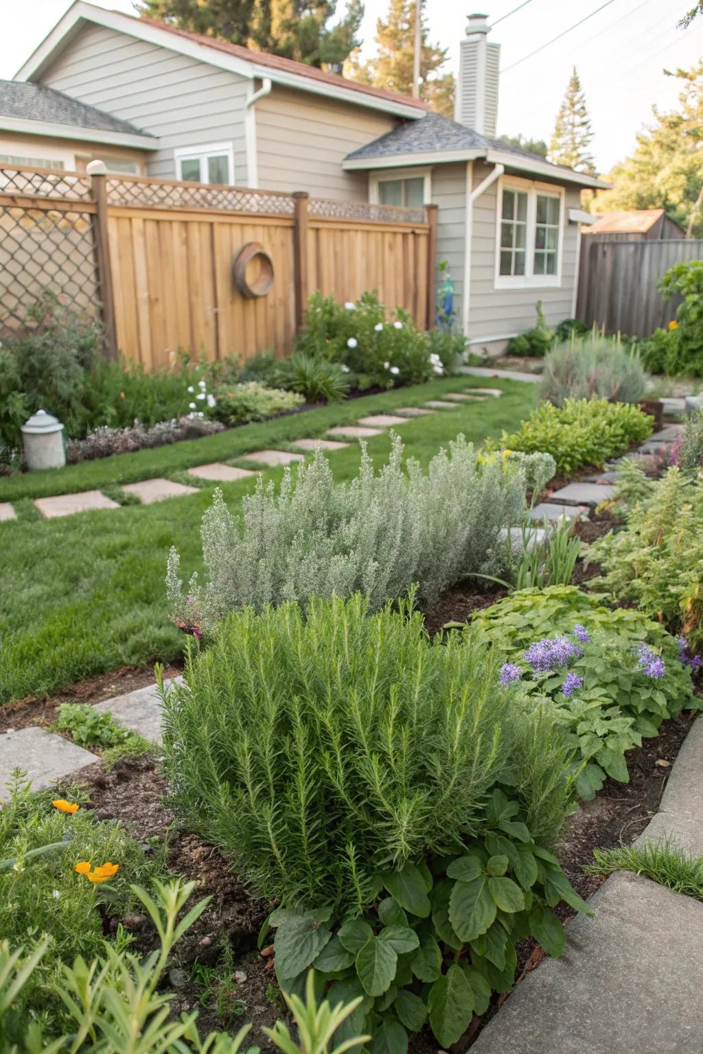 A flourishing garden showcasing bug-deterrent rosemary and sage.