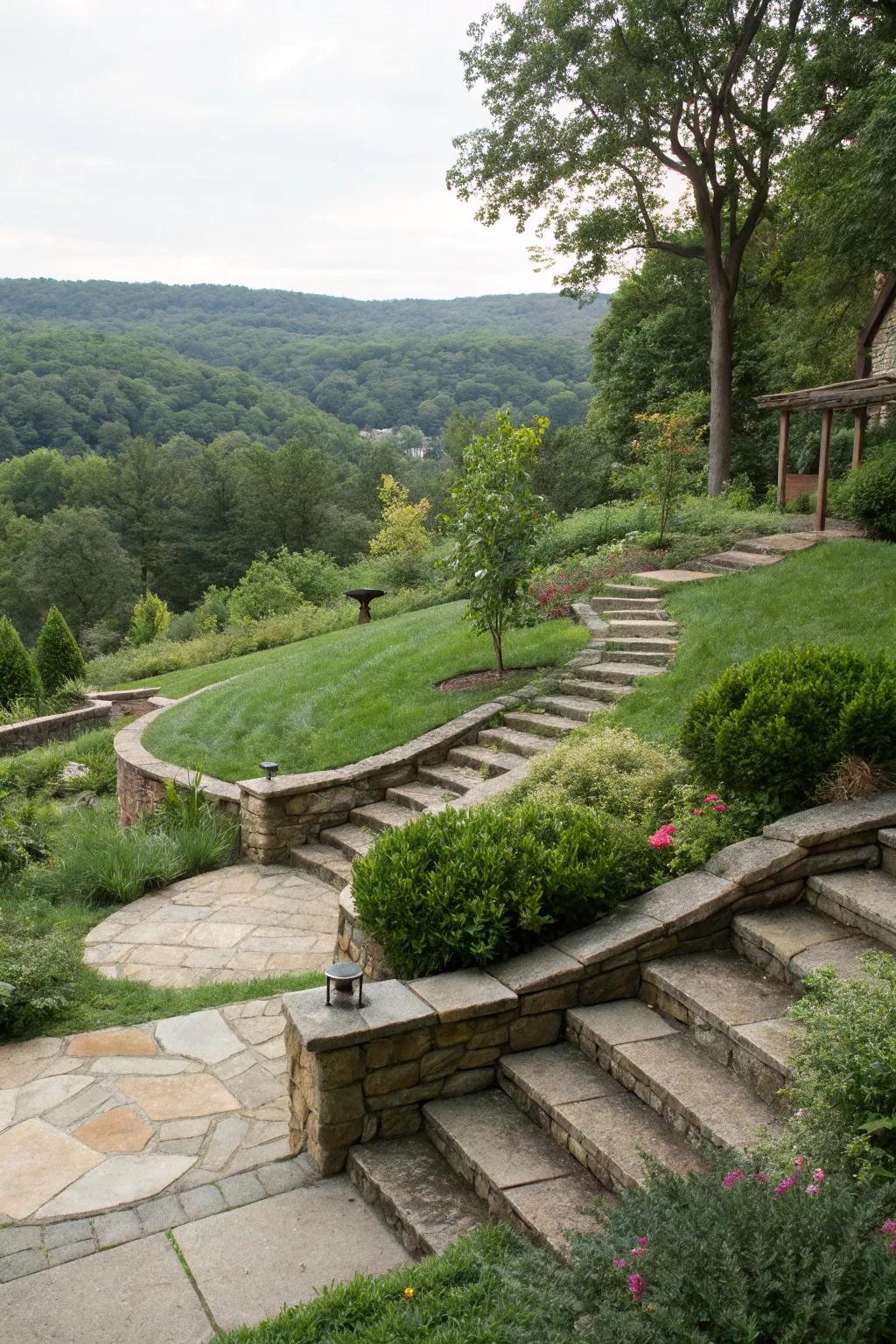 Walkways and steps make moving around a sloping yard easy and fun.